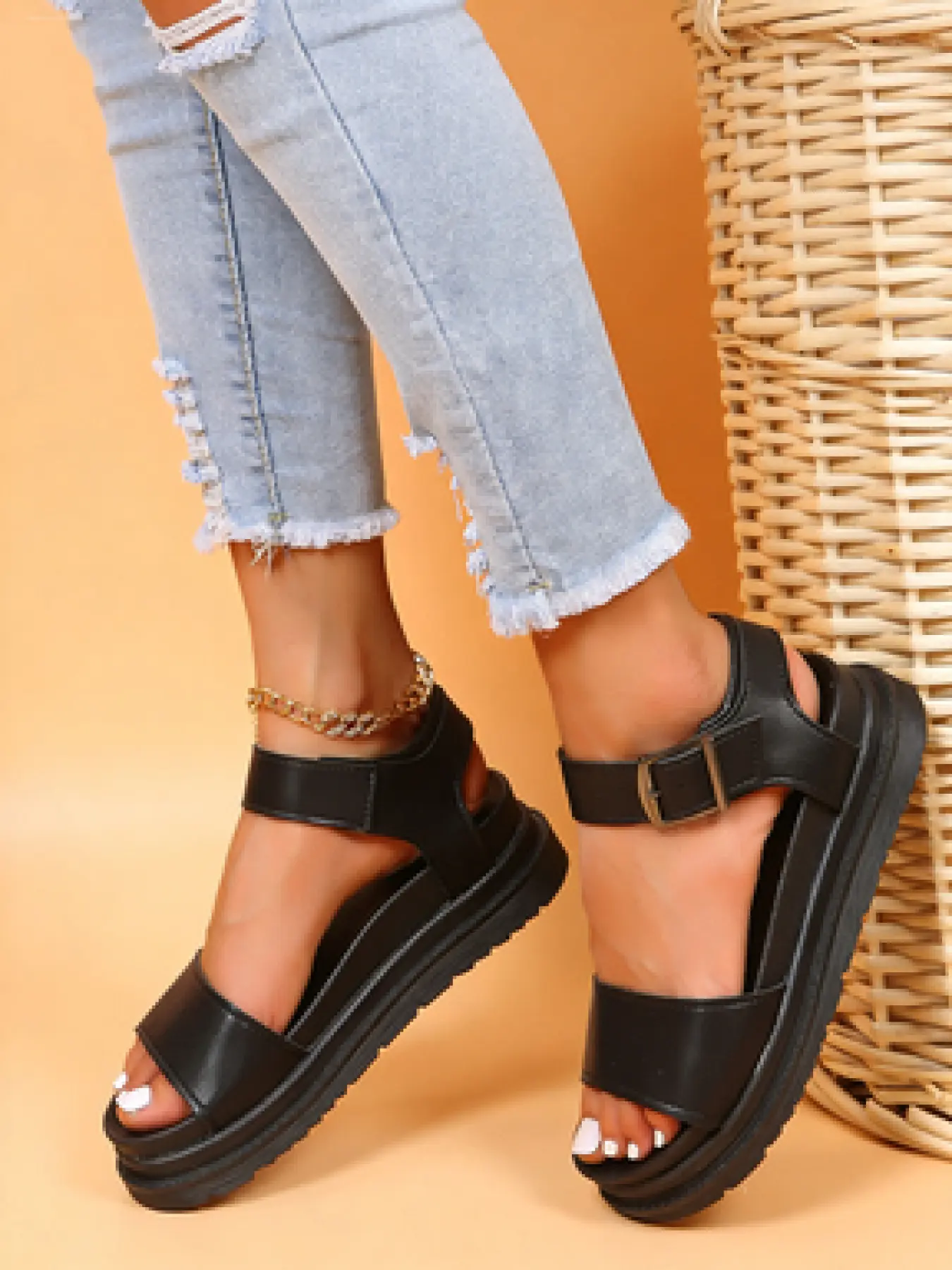 Women's Summer Fashion Solid Color Adjustable Cross Strap Open Toe Thick Sole Casual Trendy Sandals, Comfortable Wedge Heel Beach Shoes