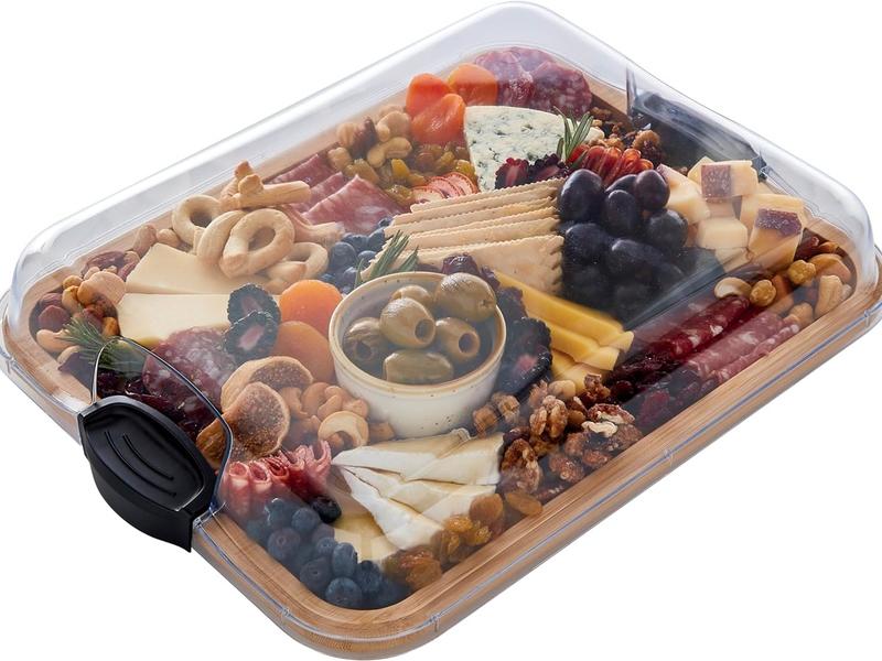 Farberware Build-A-Board Bamboo Cutting Board with Clear Locking Lid and Black Handles, Perfect for Charcuterie, Snacks, and More - Make it. Take it. Enjoy it, 11x14 Inch, Single Compartment