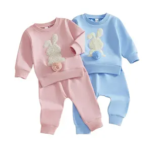 Babamoon Toddler Baby Girl Boy Easter Outfits Set Rabbit Long Sleeve Crew Neck Fuzzy Bunny Tail Embroidery Sweatshirt and Pants Clothing Set 0-3T