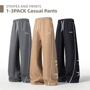 Men’s 1–3-pack American wide-leg casual pants, breathable and comfortable, drawstring elastic waist cargo pants, star and handwritten print design, side contrast stripes, versatile campus-style straight-leg long pants for everyday wear. tiktokshopspringgl