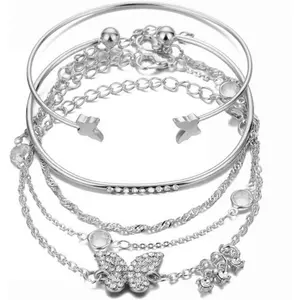 Layered Stacking Link Chain Butterfly Honeycomb Bracelet Bangle Set Bohemian Paperclip Rhinestone Bead for Women 14K Gold Plated Animal Jewelry