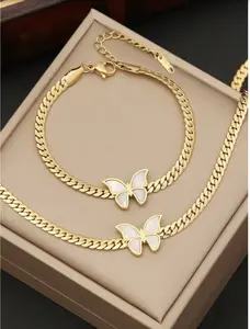 White Butterfly Decor Stainless Steel Necklace & Bracelet Set 2pcs Gold Chain Jewelry for Women Elegant Gift