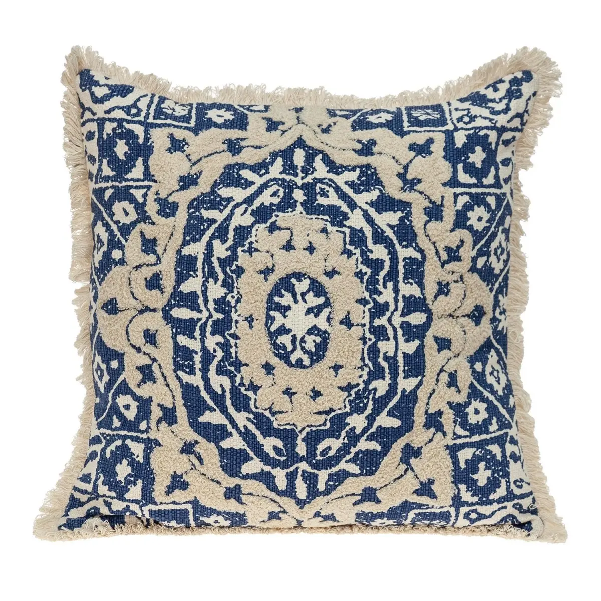 360 stand 100% Cotton Square Cushion - Beige & Navy Blue Boho Vibe Abstract Floral High-Low Texture Decorative Accent Pillow (Model 402711), Floral Standard Pillows, Fabric Cushion, Floral Sofa Cushion