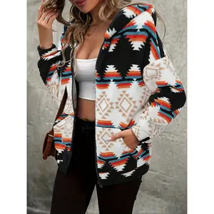 Women's Ethnic Pattern Drop Shoulder Zip Up Plush, Long Sleeve Hooded Outerwear, Casual Fashionable Jacket for Fall & Winter, Ladies Clothes for Daily Wear
