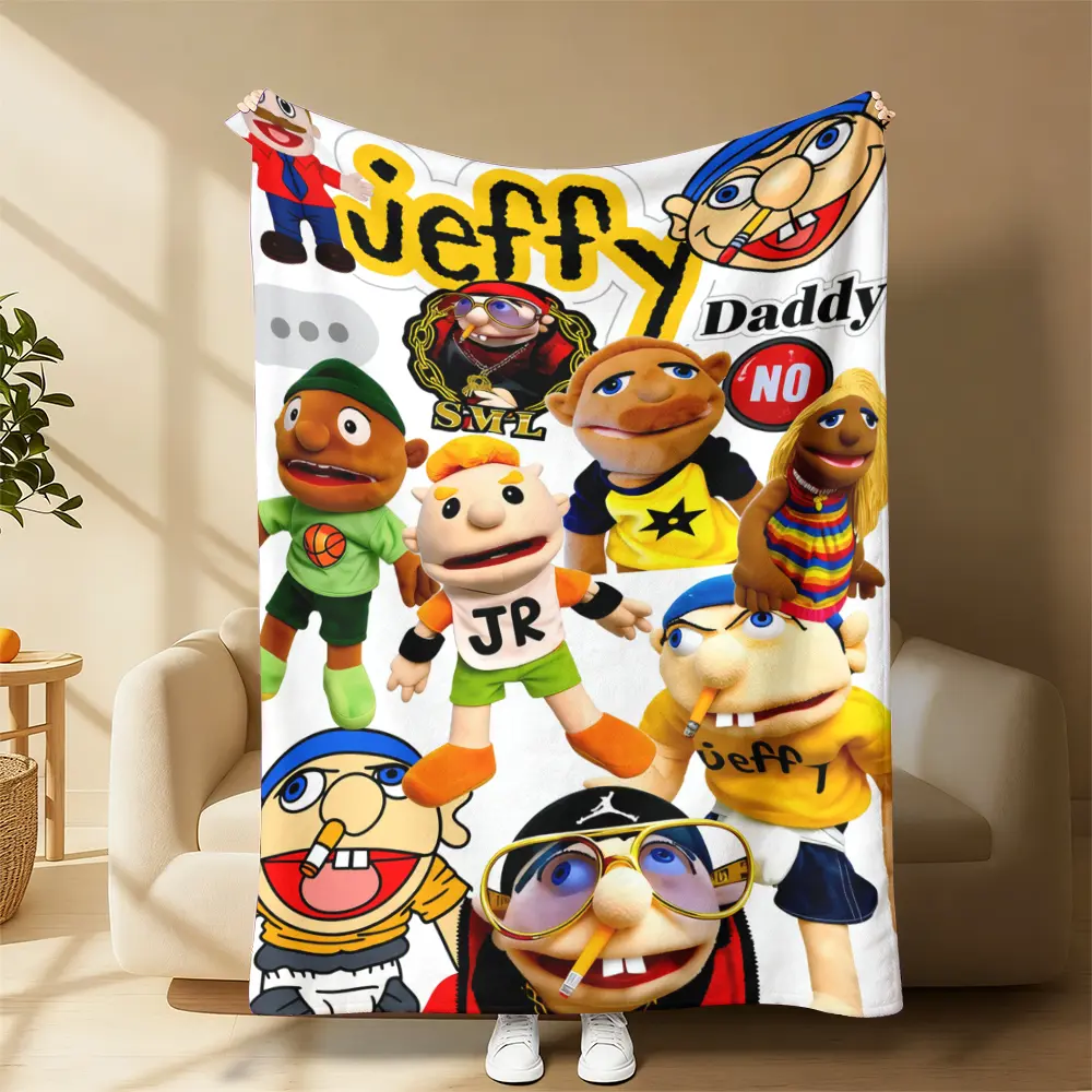 SML Jeffy Full Cast Puppet Character Collage Print Flannel Throw Blanket, Ultra Soft Warm Lightweight All-Season Cover, Viral Kids Cartoon Merch Gift for Any SML Lover, Bedroom Sofa Decor, All Seasons, Room Decor, Home