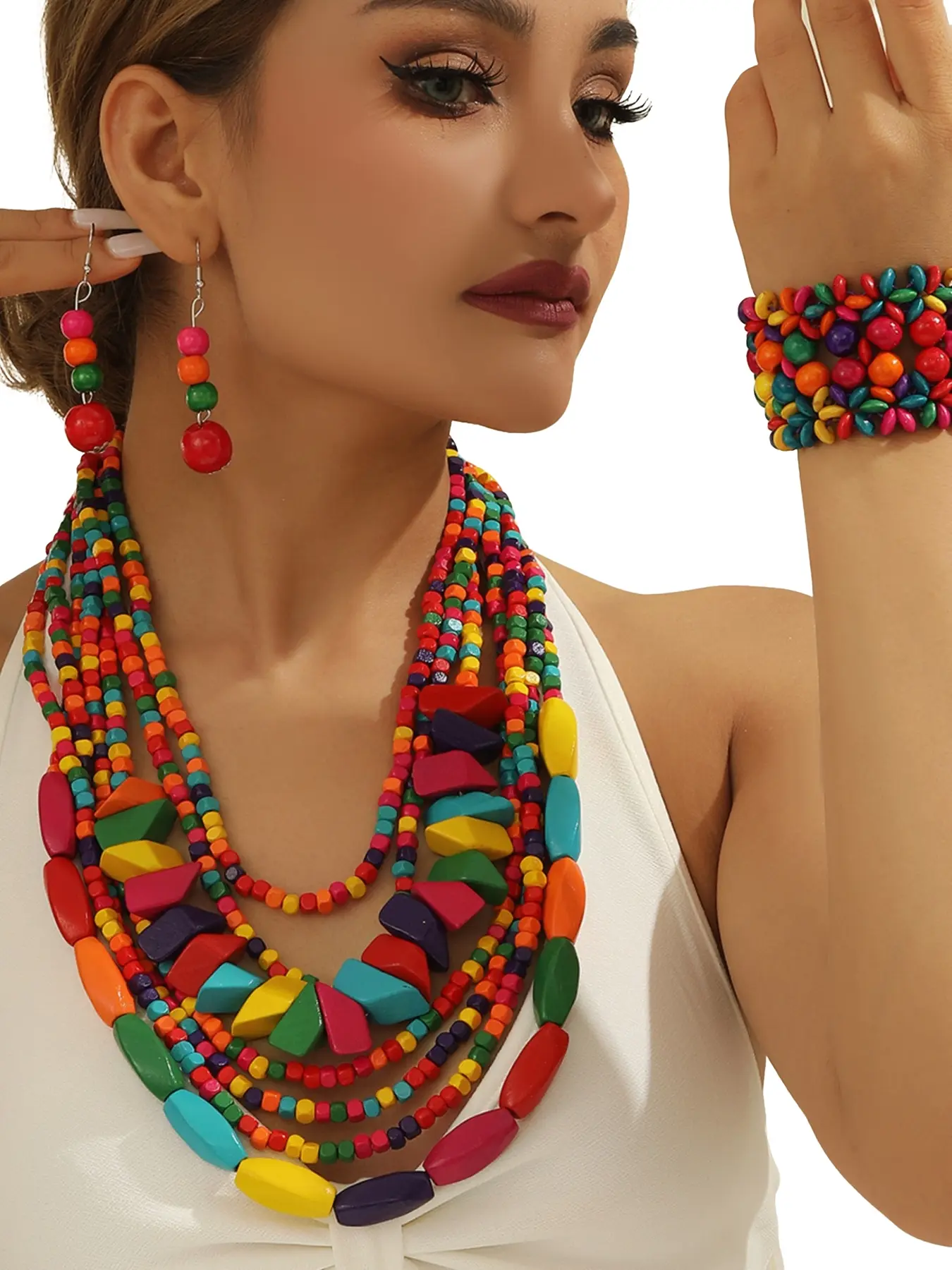 4-Piece Exquisite Wooden Bead Elegant Matching Jewelry Set, Fashionable Handmade Colorful Accessories, Layered Necklace, Earrings, and Bracelet for Special Occasions, Trendy Jewelry Set