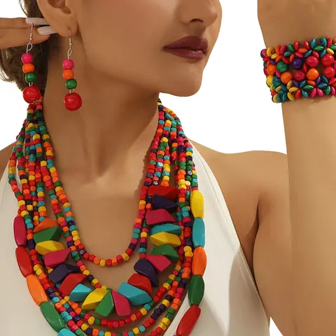 4-Piece Exquisite Wooden Bead Elegant Matching Jewelry Set, Fashionable Handmade Colorful Accessories, Layered Necklace, Earrings, and Bracelet for Special Occasions, Trendy Jewelry Set, Accessory Set