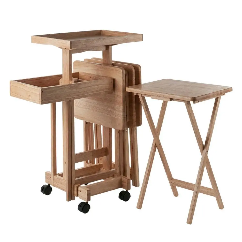 Solid Wood 6-Piece Foldable TV Trays Set, Compact Transitional Indoor Furniture with Folding Snack Tables and Mobile Stand