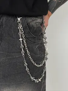 Men's Gothic Skull & Cross Pant Chain Double Layered Silver Jeans Accessory for Streetwear Unisex Punk Wallet Chain for Guys PantChain GothicStyle Body Chain