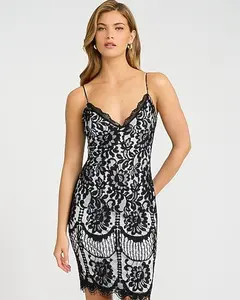 EXPRESS x bebe Lace Color Block V-Neck Mini Sheath Dress - pitch black