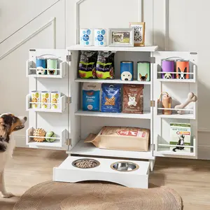31.7" Dog Feeding Station with Feeding Bowls, Pet Organizers and Storage Adjustable Shelf, Feeder Station, Storage Cabinet for Cats and Dogs, White