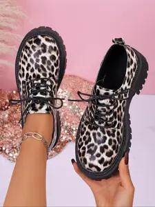 Vintage Leopard Print British Thick Sole Platform Shoes, Height Boosting Slimming, Lace-Up Design, Anti-Slip Durable Sole, Street Style Casual Shoes