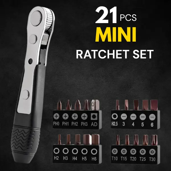 Compact Right Angle Ratchet Set - 1/4" Mini Wrench, Bits for Tight Spaces, Handy Tool Kit for DIY & Home Repair