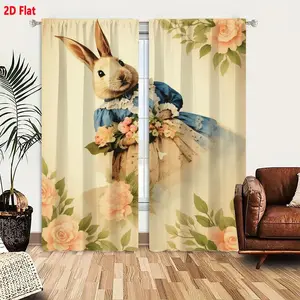 2D Flat Vintage Whimsical Rabbit Floral Curtain 2-Piece Set, Blue & White Frilly Dress Rabbit with Pink White Flowers, Soft Light Beige Background with Pink Roses Floral Border, Romantic Old-Fashioned Children's Book Style Curtains for Living Room