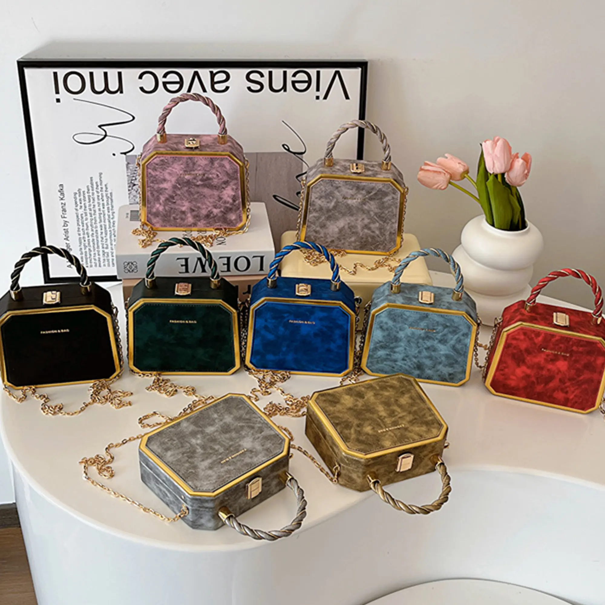 Handbags for Women, Structured Colorblock Dermal Leather Boston Bag, Multi-Comp. Shoulder Bag with Double Handle and Chain Strap, Casual Wear, Cow Hide