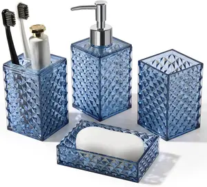Bathroom Accessories Set, 4 Pack Blue Acrylic Bath Accessory Sets Complete, Diamond Soap Dispenser and Toothbrush Holder Bathroom Counter Sink Set, Boho Modern Bathroom Decor (Blue)