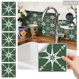 24PCS/Box FHZ Classic Art Tile Dark Green Compass Star Peel and Stick Wall Sticker, PET Matte Waterproof Oil-Proof Tile for Kitchen Backsplash Bathroom Furniture