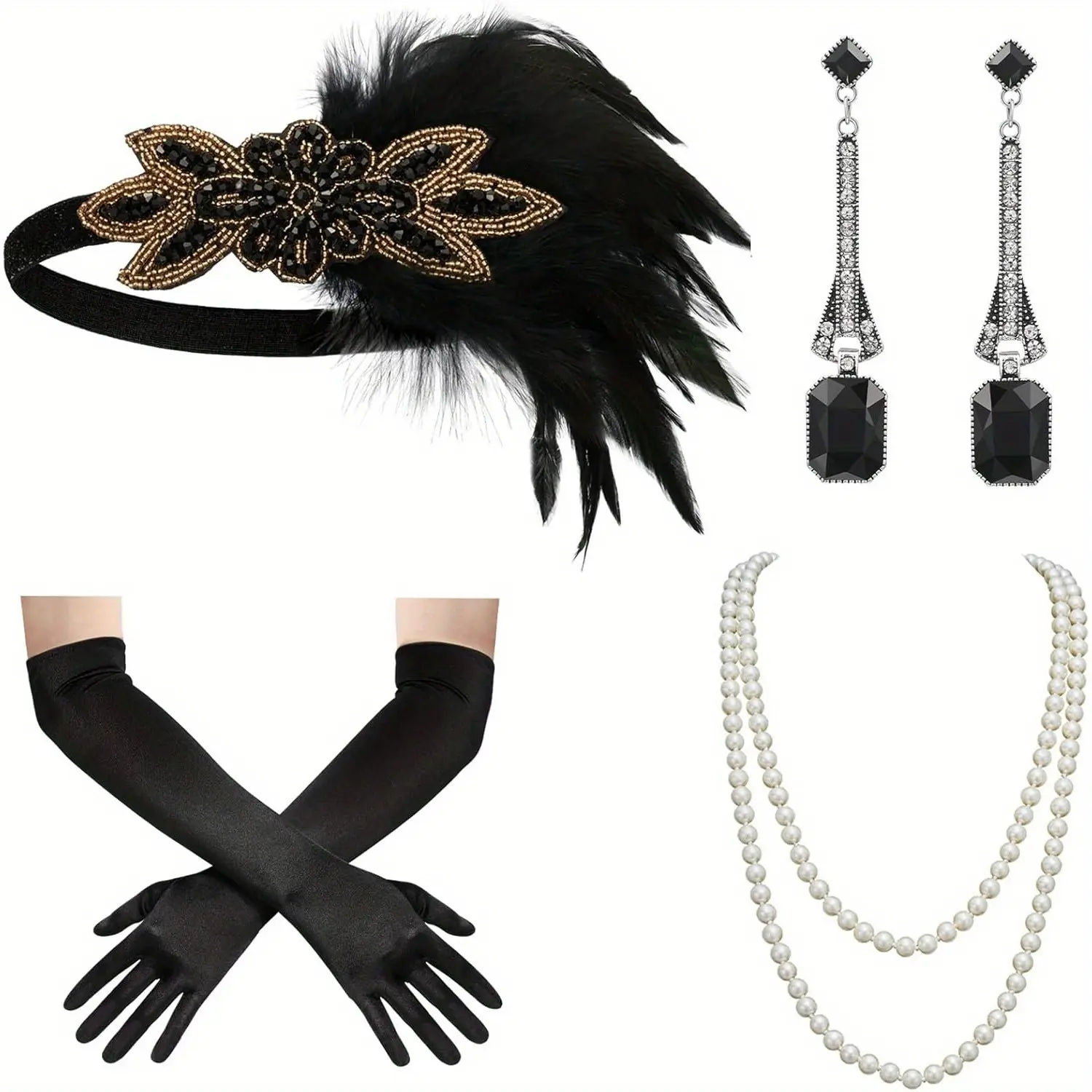 Women's 4-Piece 1920s Flapper Costume Accessories Set - Art Deco Evening Jewelry, Studded Feather Headband, Rhinestone Earrings, Faux Pearls, Elastic Design Bohemian Pieces, Ideal for Roaring 20s Parties, Halloween Gifts