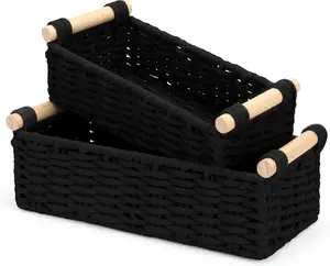 Set of 2 Boho Cotton Rope Storage Baskets, Woven Wicker Organizer Bins with Wooden Handles, Small Decorative Boxes for Organizing, Toilet Paper Baskets for Bathroom Countertop Shelves Black 2 Pack