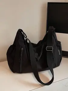 Simple and versatile large capacity tote bag, stylish and personalized solid color shoulder bag, adjustable wide shoulder strap design, multiple zippered pockets, suitable for daily commuting, shopping, and socializing