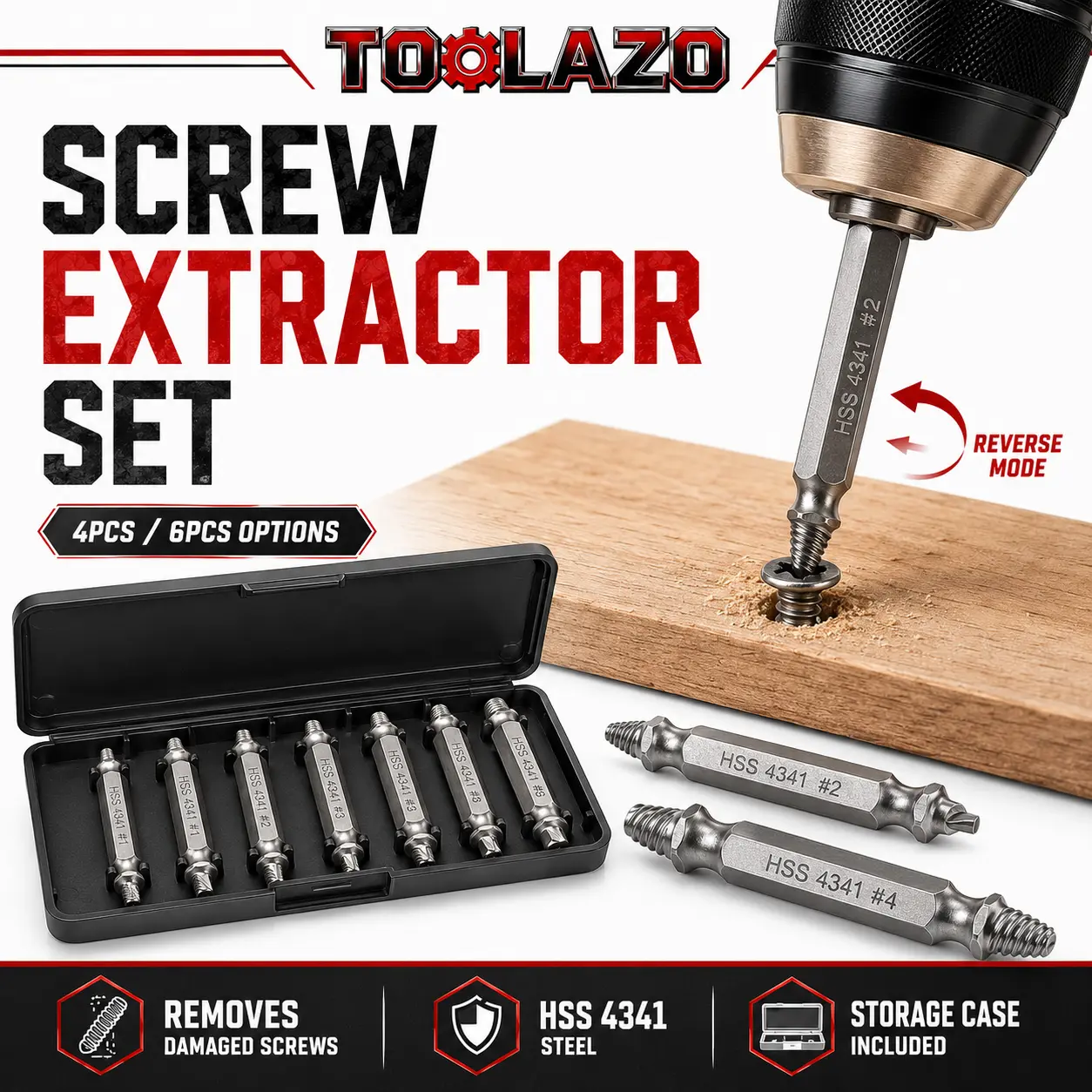 TOOLAZO 6PCS #0-#4 HSS 4341 Double-Ended Extractor Set with Storage Case - Damaged Head Remover Drill Bits for Rusty/Rounded Fasteners, Small Bolts, Reverse Mode Use by DIY Users, #0-#4 Sets