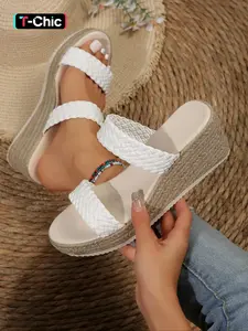 Women's Summer Outfits 2025 Woven Strap Slip-on Platform Sandals, Summer Beach Flat Shoes, Non-slip Mules Shoes for Women & Girls, Breathable Comfortable Shoes for Daily Wear