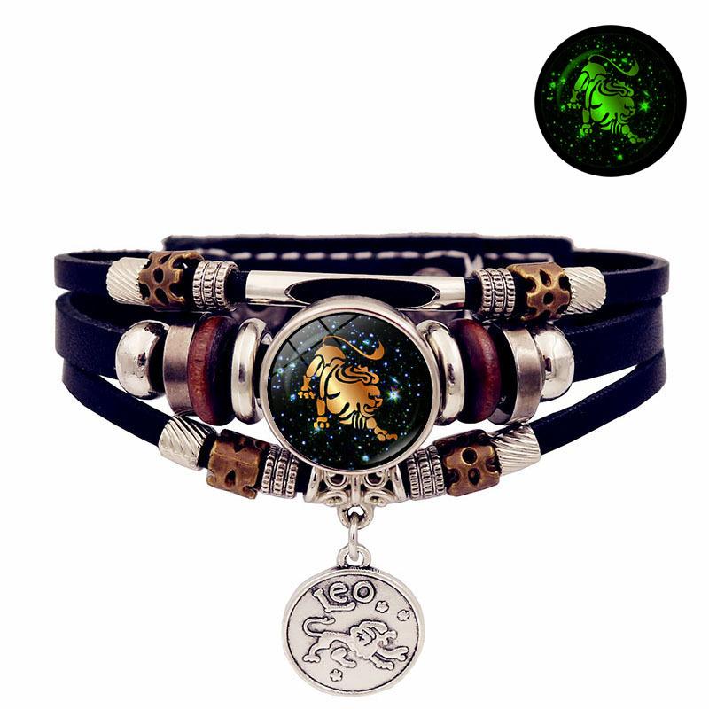 Luminous 12 Zodiac Signs Leather Bracelet — Unisex Gift, Commemorative, Handmade, Multi-Layer Beaded Wristband & Creative Jewelry