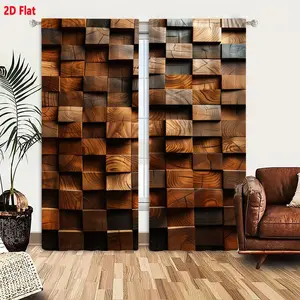 2D Flat 2-Pack Rustic Wood Grain Textured Blackout Curtains, Light and Dark Brown Gray Rectangular Grid Wooden Block Pattern Curtains for Living Room Bedroom, Polished Smooth Finish with Natural Knots & Cracks Details, Farmhouse Style Window Drapes