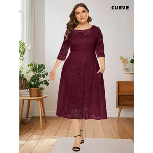 Plus Size Crew Neck Lace Dress, Elegant 3/4 Sleeve A Line Dress For Party, Women's Plus Size Clothing Collar Fabric Formal Womenswear Fit Chic Blue