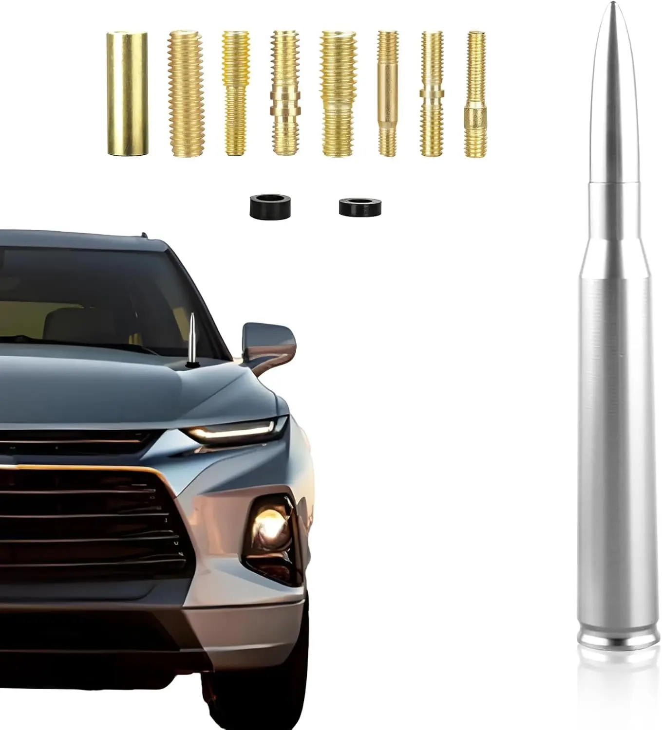 50 Cal Stubby Bullet Antenna Mast Power Radio AM/FM Replacement Universal for Ford F150 F250 F350 RAM 1500 2500 GMC Denali Pick-up Upgrade Signal Models