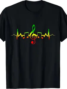 Men's Retro Reggae T-shirt-Jamaican Rasta style, green, yellow, red, black and brown Rasta colors, heartbeat bass clef and reggae notes,..., quick-dry performance, street casual look, for women, weekend casual