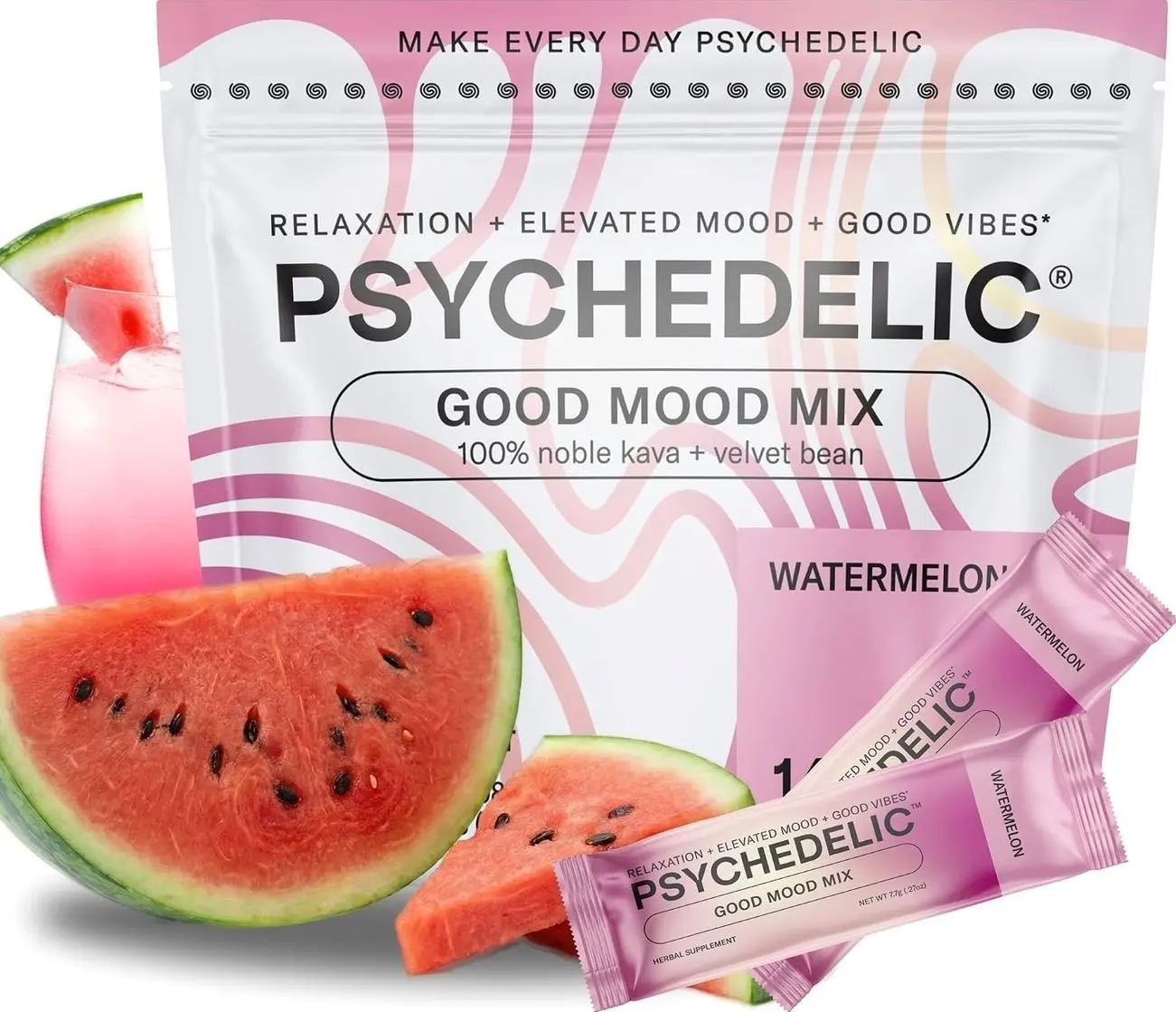 Good Mood Mix - Watermelon - Powder Packets - Calming Kava Drink Mix - Easy Open Single-Serving - Flavored Kava powder - Mucuna Pruriens - Stevia - Non Alcoholic Adaptogen Mocktails - 14 Stick