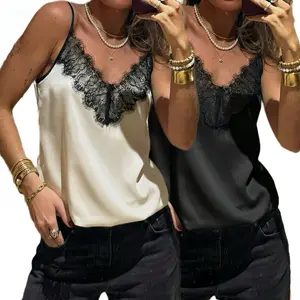 Seya Lady's Sleeveless Spaghetti Strap Satin Cami Top, Elegant Lace Trim, Chic Floral Lace Design, Soft Fabric, Women's Summer Holiday & Daily Casual Wear Solid Top