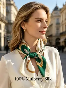 1PC 70*70cm Square Modern Geometric Silk Scarf, Elegant Cream Green Gold Vintage Chain & Frame Print 100% Mulberry Silk Lightweight Scarf, Versatile Fashion Accessory for Daily Commute, Travel, Hiking, Gym & Summer Beach