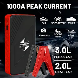 1000A Peak Car Jump Starter, 6000mAh Portable Battery Pack, Fast Charge Power Bank, for Up to 3.0L Gas / 2.0L Diesel Engines, LED Emergency Light, Compact