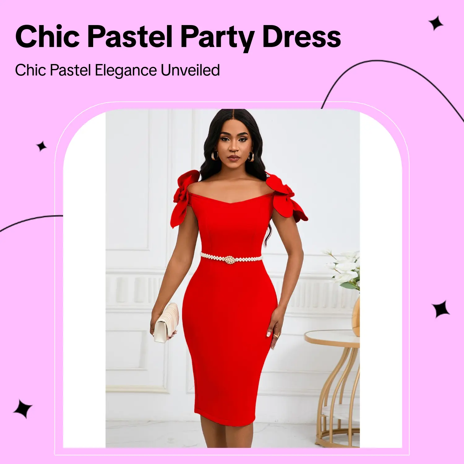 Women's Chic Pastel Blush Pink Formal Bodycon Midi Dress - V-Neck, 3D Floral Details, Bow Accents, Pearl Belt - D528, Bow And Ribbon Party Dresses, Party Fit, Classic Party Dresses