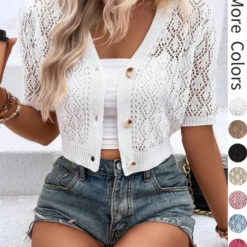 Women's V Neck Plain Hollow Out Button Front Knit Cardigan, Casual Spring Summer Short Sleeve Lightweight Short Cardigan, Women's Knitwear for Daily Wear, Knitting, Tops, Everyday, Summer Sweater Tops