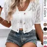 Women's V Neck Plain Hollow Out Button Front Knit Cardigan, Casual Spring Summer Short Sleeve Lightweight Short Cardigan, Women's Knitwear for Daily Wear, Knitting, Tops, Everyday, Summer Sweater Tops