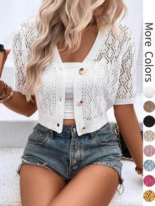 Women's Plain Hollow Out Button Front Sweater Cardigan without Bottom & Inner Top, Casual Short Sleeve Cardigan for Summer, Fashion Women's Knitwear for Daily Wear