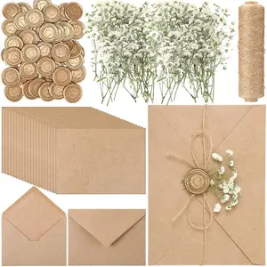 Dunzoom 50 Sets Wedding Invitations Wraps Set Include Envelope for 5 x 7 Inch Invitations Self Adhesive Gold Wax Seal Sticker Dried Flowers for DIY Photos Cards Dining Table(Classic,Light Brown)
