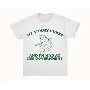 [100% Cotton]  My Tummy Hurts And I'M Mad At The Government T-Shirt, Retro Unisex Adult T Shirt, Vintage Frog Shirt, Funny Frog Meme T Shirt, Funny Gift, Unisex Shirt Adult Unisex T-Shirt Golf Gift T-Shirt For Men And Women