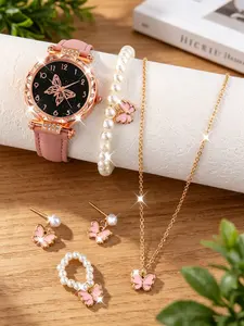 Women's Quartz Watch Set, Matching Jewelry Set, Butterfly Pattern Round Case, PU Leather Strap, Includes Bracelet Necklace Earrings Ring, Casual Style