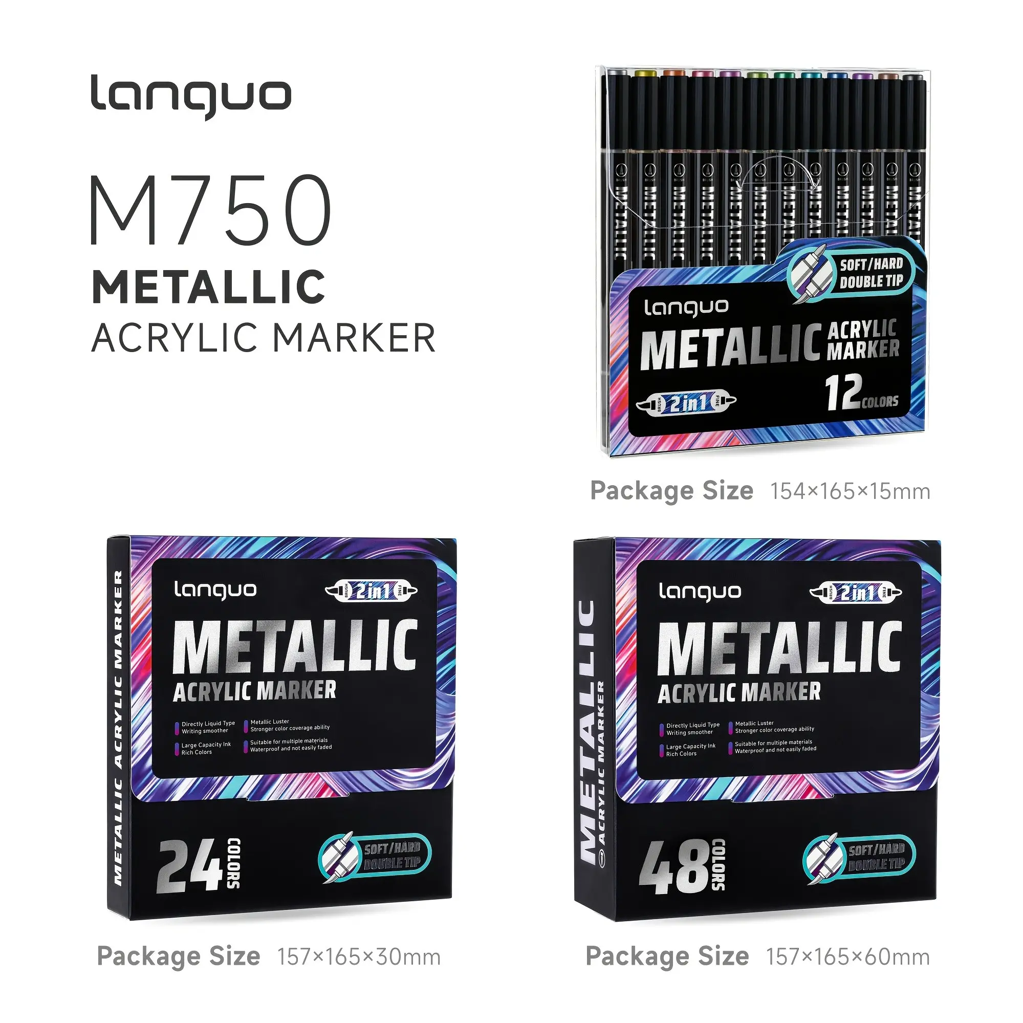 Languo Professional Metal Color Markers, Coloring Markers, 12/24/48 Colors Set, Dual-Ended Soft and Hard Tips, Double Tipped Markers, High Coverage Acrylic Markers, Art Supplies