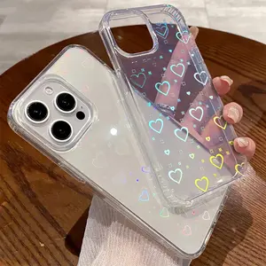 Aurora Glitter Love Heart Transparent Case Casing For iPhone 17 Air 16 15 14 13 12 11 Pro Max 16 Plus Laser Gradient Colorful Clear Cover