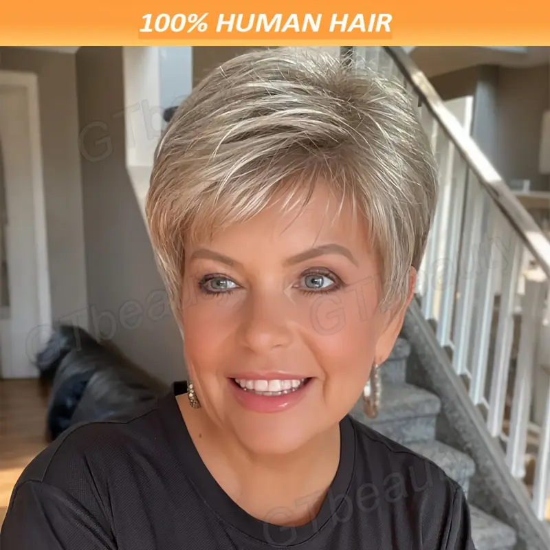 New Wholesale Female Brazilian Remy Human Hair Full Machine Wig - Grey Short Straight Layered Bob Cut, 150% Density Glueless Rose Net Cap, No Glue Needed for Everyday & Party Use, Fits All Light Beige Tones & Ethnicities