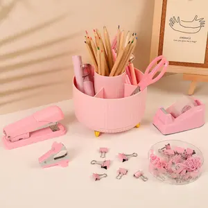 Pink Desk Accessories 10Pcs, Rotating Pen Holder for Desk, Stapler, Staple Remover, Tape Dispenser,2pcs Tape Refills, Binder Paper Clips Kit, Scissor,Pink Office School Supplies tape  dispenser Stationery Storage Organizer Desk Tidy