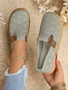 Women's Multicolor Flyknit Mary Jane Flat Shoes, Breathable Mesh, Leather-Like Buckle, Soft Rubber Sole, Comfortable Casual Footwear