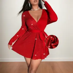 Plus Size Sequin Wrap   V-Neck Red Party  for Confident Women Holiday New Year Night Out Glam Look Formal Sparkly Design Sleeve Strap Bodycon Dress Long Elegant Hem
