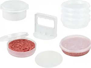 Hamburger Press Patty Maker - 4 in1, Burger Mold, Patty Press, 6 Storage Containers, 100 Round Papers - Hamburger Patty Maker Tool for BBQ - Burger Shaper for Meat, Veggie Patties