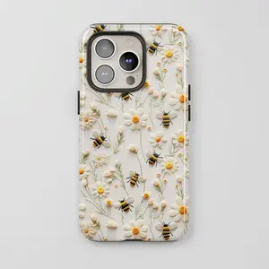 Floral Bee Phone Case Faux Embroidery Daisies, Cute Spring Gift for Bee Lover iPhone 17 16 15 14 MagSafe, Pixel 9 8 7, Samsung S25 S24 S23